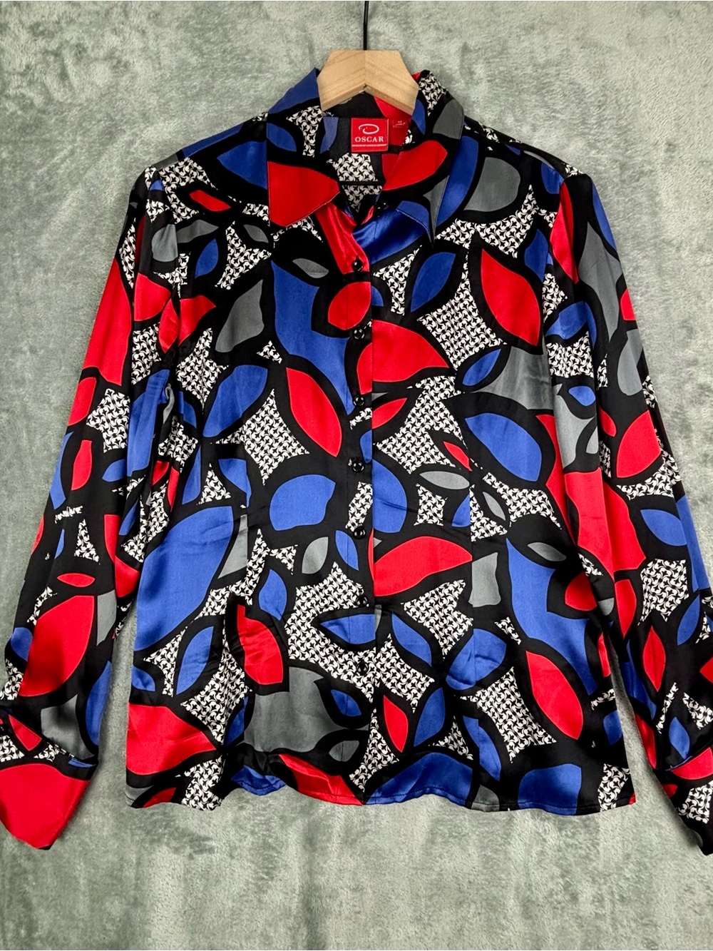 Oscar De La Renta Silk Blouse Womens 12 Red Blue Abstract Geometric French Cuffs